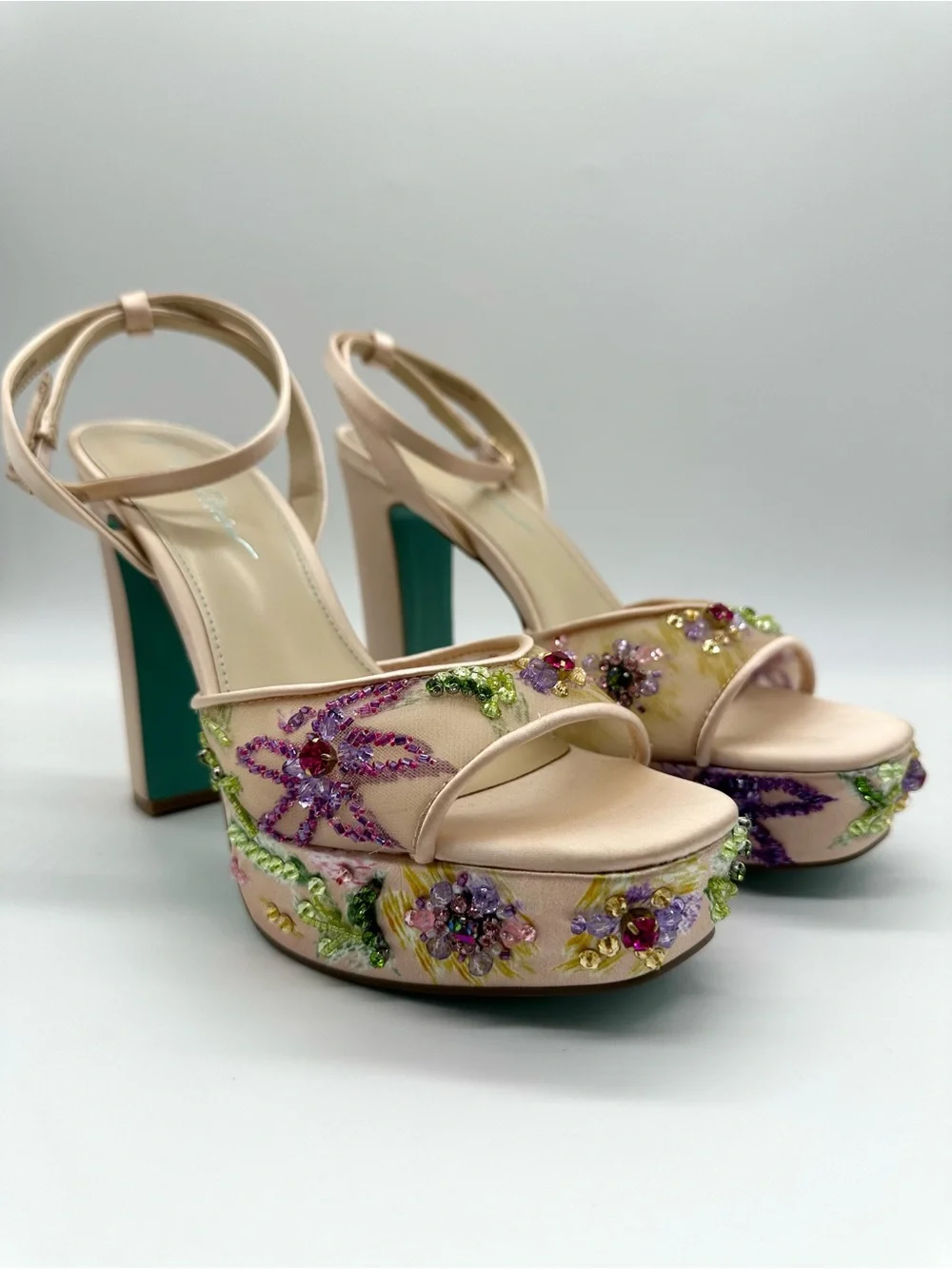 Betsey Johnson Viven Beaded Floral Platform Sandals Nude Teal Size 10 NWOB